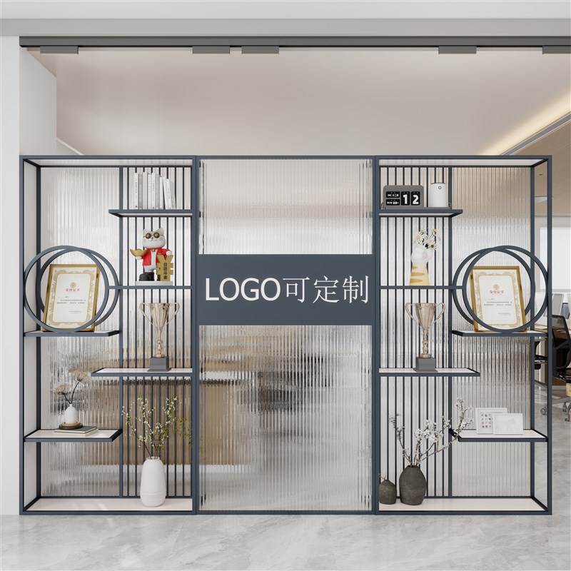 办公室隔断公司前台形象墙奖牌展示置物架进门玄关柜入户玻璃屏风
