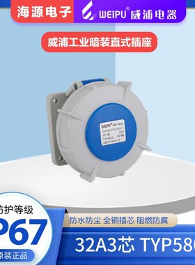 WEIPU威浦TYP5802防水航空插座工业暗装直式插座32A3芯 220V IP67