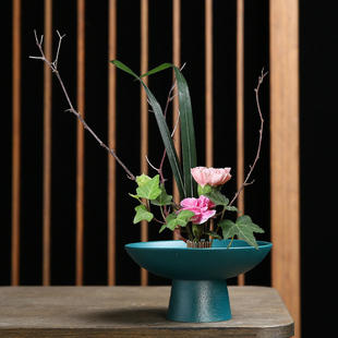 中式插花器皿高脚盘禅意陶瓷日式花艺花道剑山插花器底座水培花盆