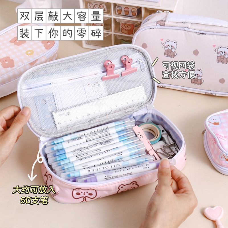 日系ins大容量小熊笔袋可爱卡通帆布文具收纳袋学生少女心手提袋