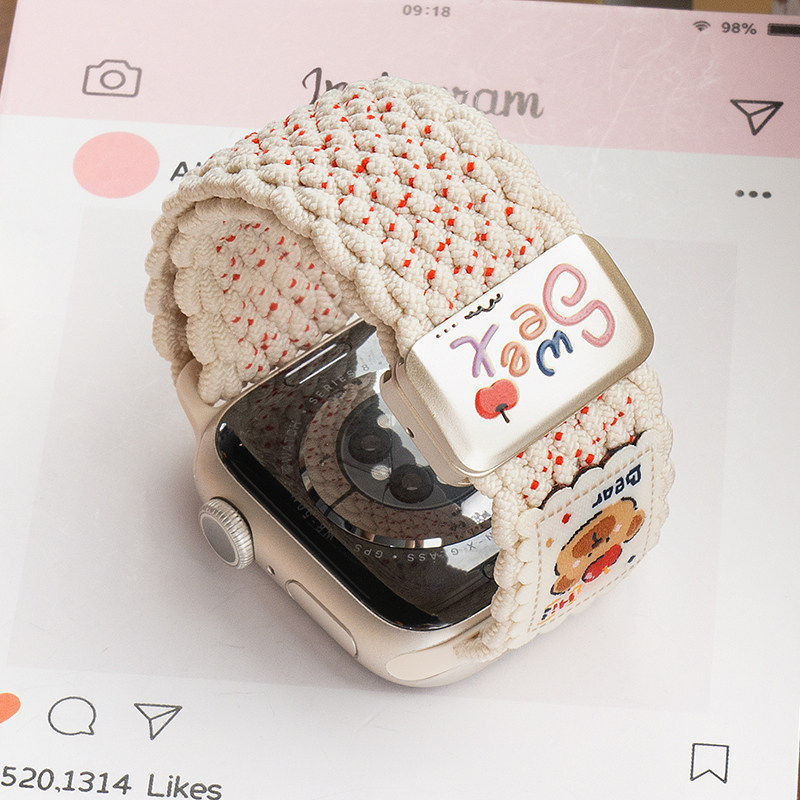 美派适用iwatch11表带苹果S10手表applewatch9可爱苹果小熊10新款编织女生S8尼龙夏天S7创意腕带S6智能SE磁吸