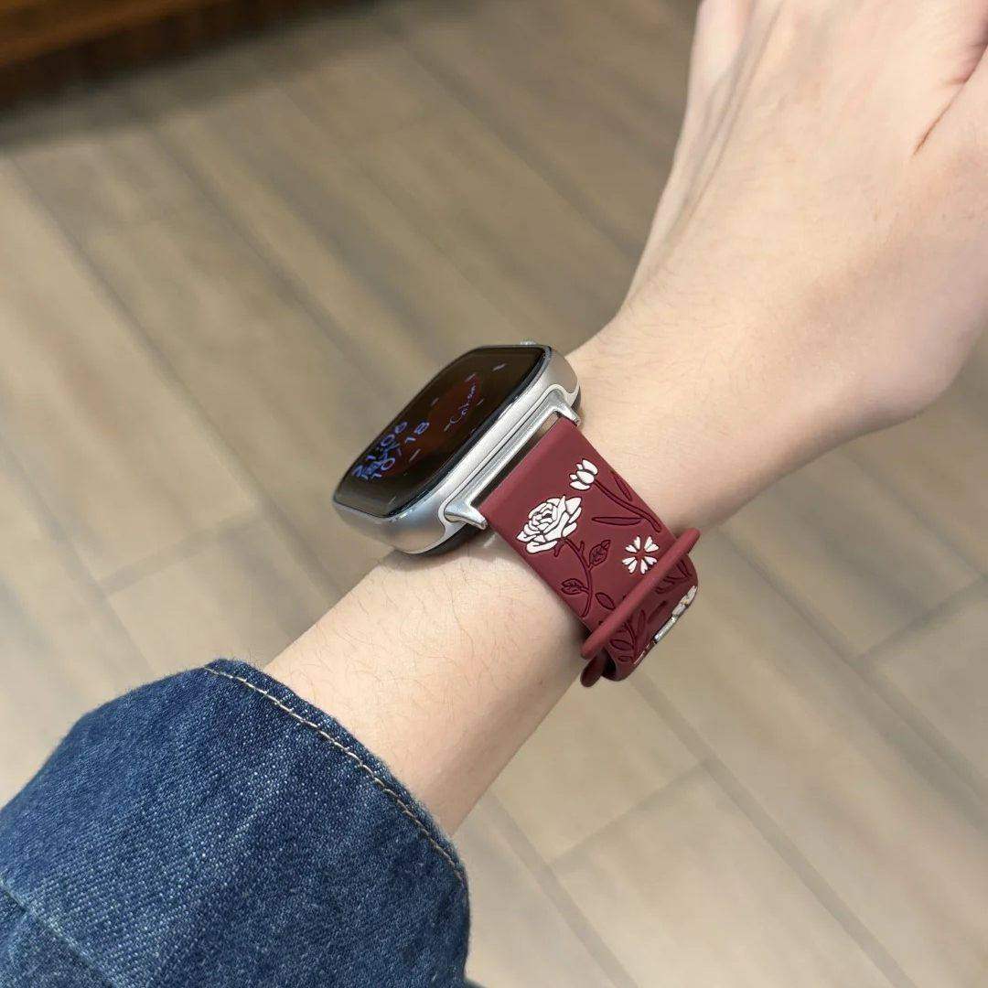 【彩色玫瑰浮雕】美派适用苹果s11手表表带iwatch10高质感复古applewatch9硅胶s8新款S7个性潮流红色手表腕带