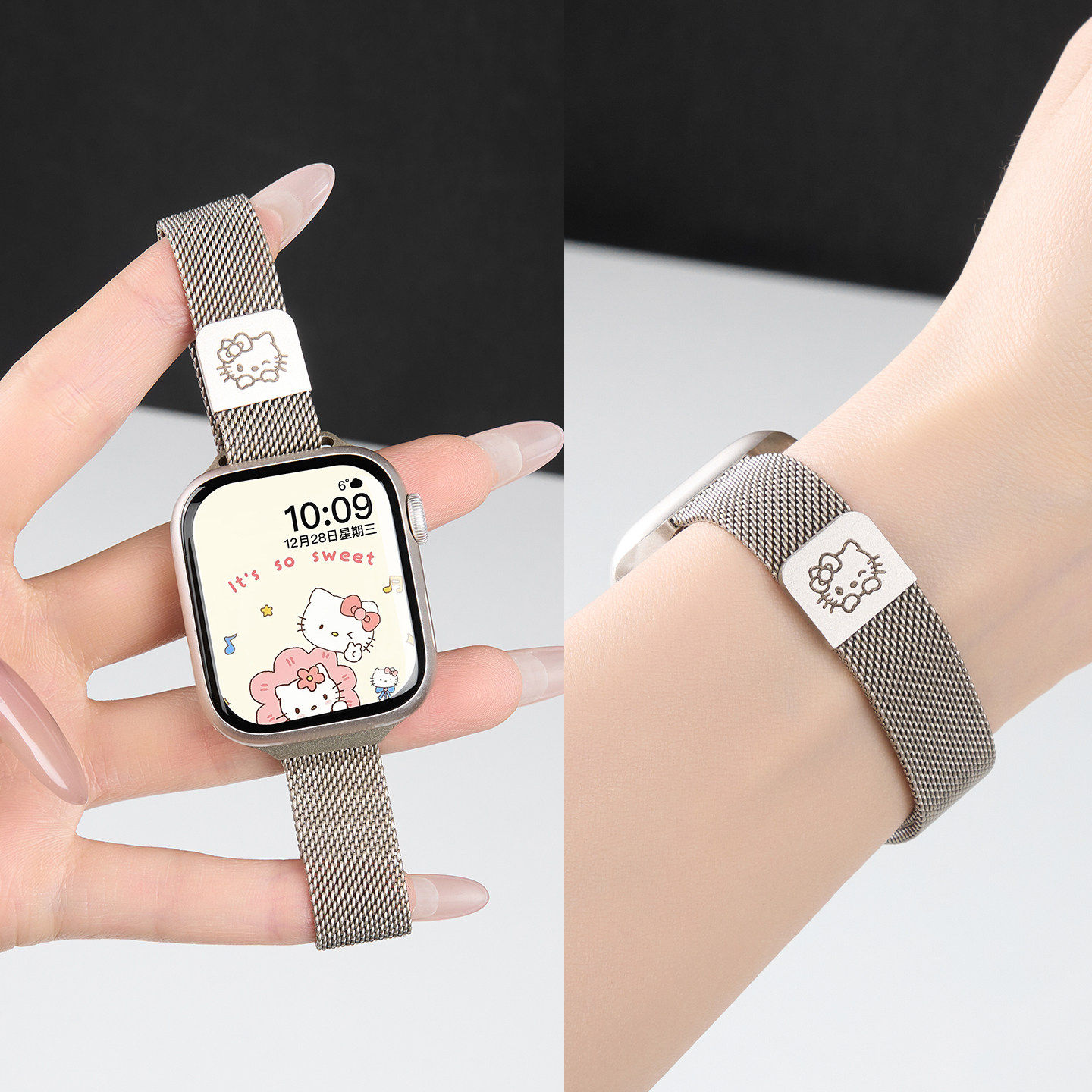 美派适用iwatch11表带S10苹果S9手表Applewatch8运动夏天女款SE3可爱kt镭雕米兰尼斯s11高级磁吸s7金属智能