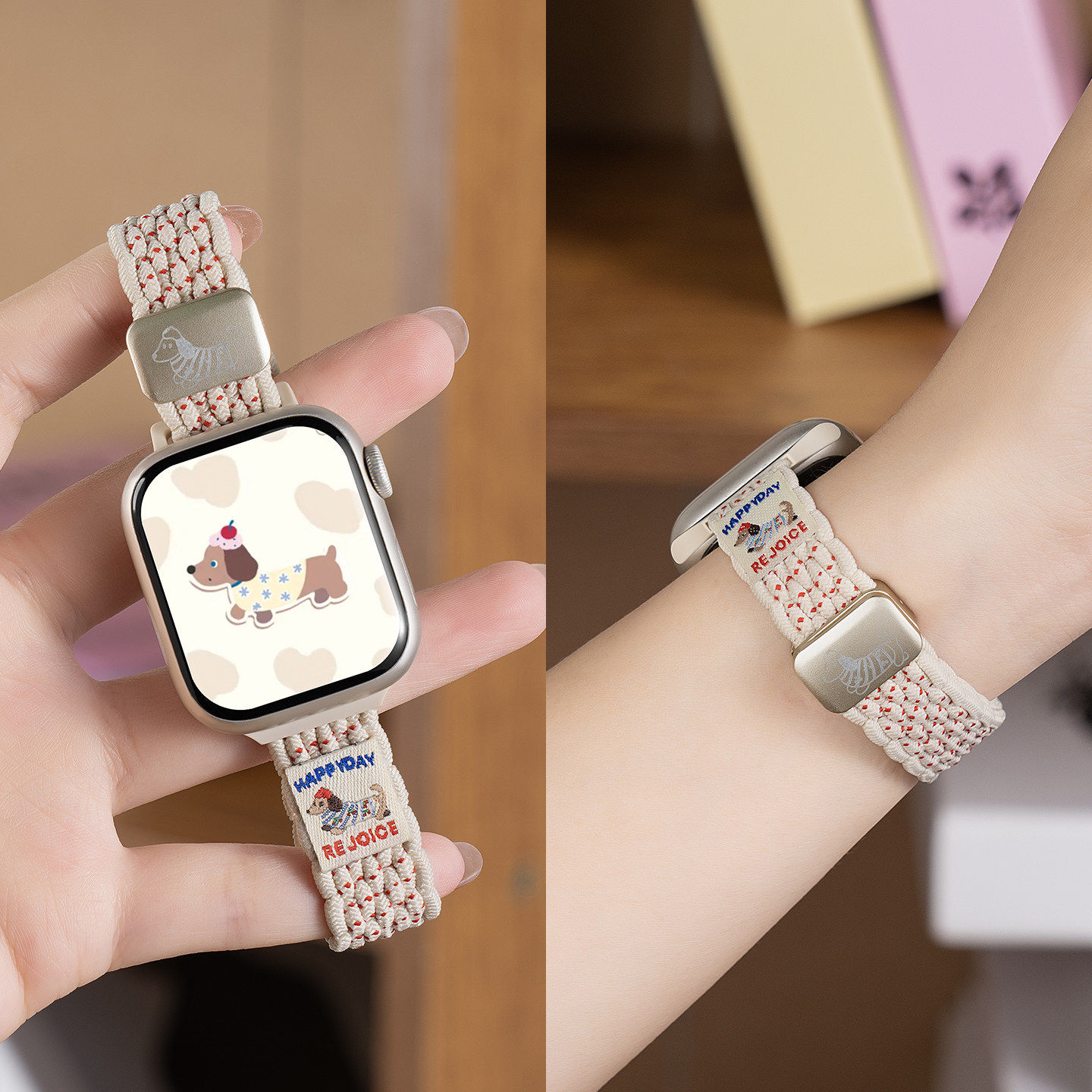 美派适用苹果S10手表iwatch10表带applewatch9腊肠小狗编织10尼龙创意S8夏天腕带S7新款S6运动女生6磁吸扣SE