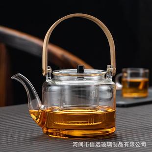 耐高温家用玻璃煮茶壶大容量竹把提梁壶电陶炉蒸煮两用锤纹蒸茶壶