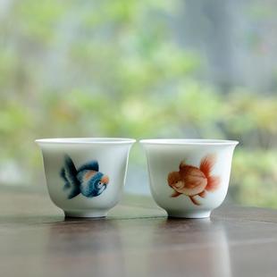 仿古胖头鱼反口杯个人专用主人杯情侣对杯白瓷品茗杯陶瓷功夫茶具