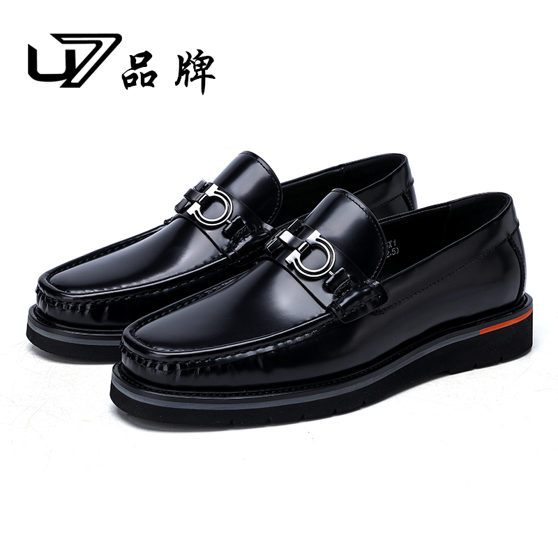 U7男士皮鞋2025新款金属扣商务英伦休闲皮鞋男套脚百搭头层牛皮鞋
