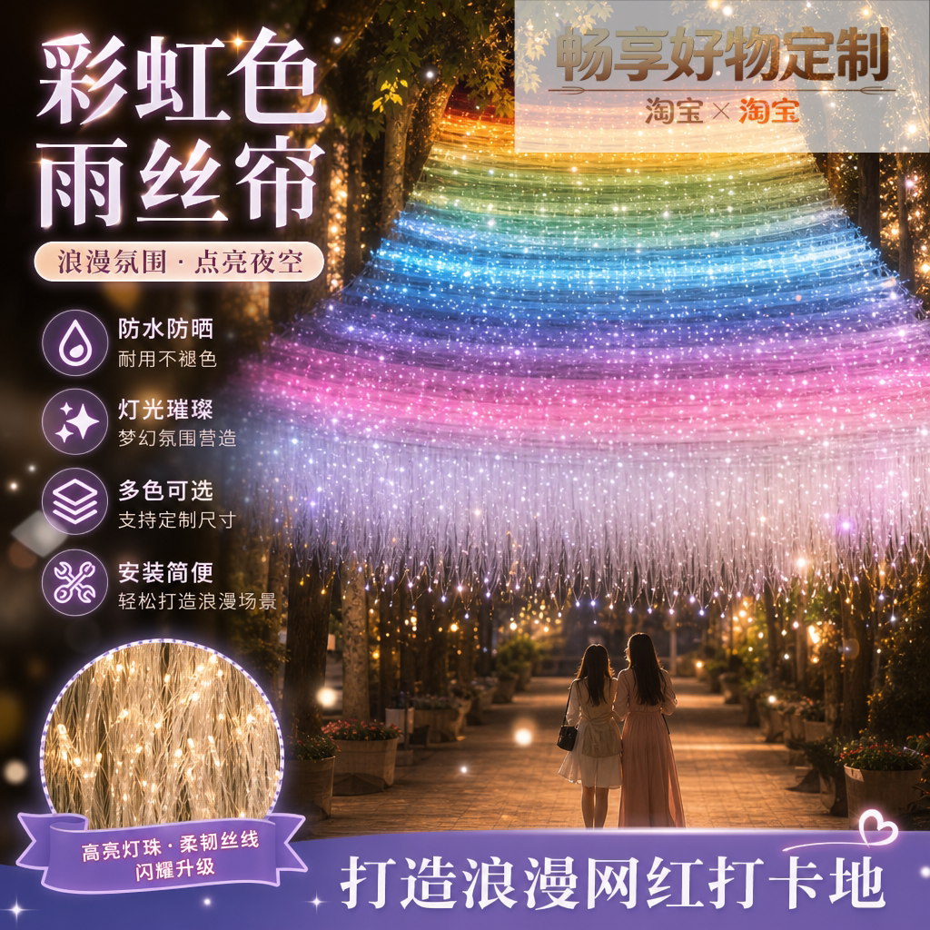 网红彩虹色花朵雨丝帘户外景区灯光打卡背景装饰防水定制多图案