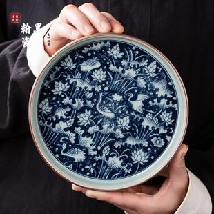 青花一鹭莲升壶承单个干泡台复古盖碗托盘茶托 景德镇陶瓷老陶泥元