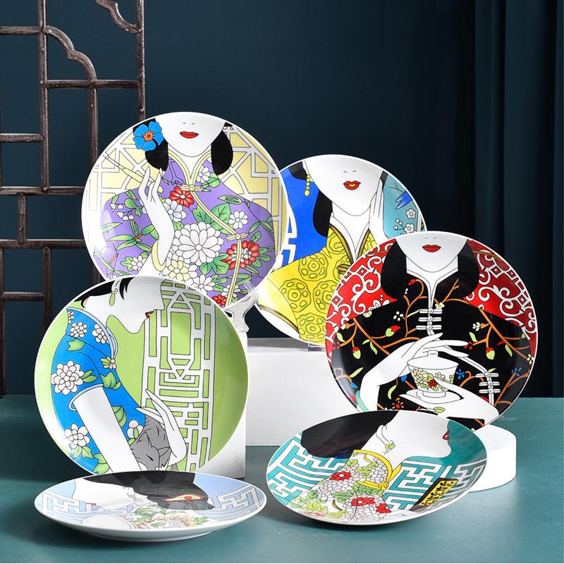 国潮旗袍陶瓷水杯碗盘子中国风菜盘沙拉盘家居装饰水果盘饰品摆件