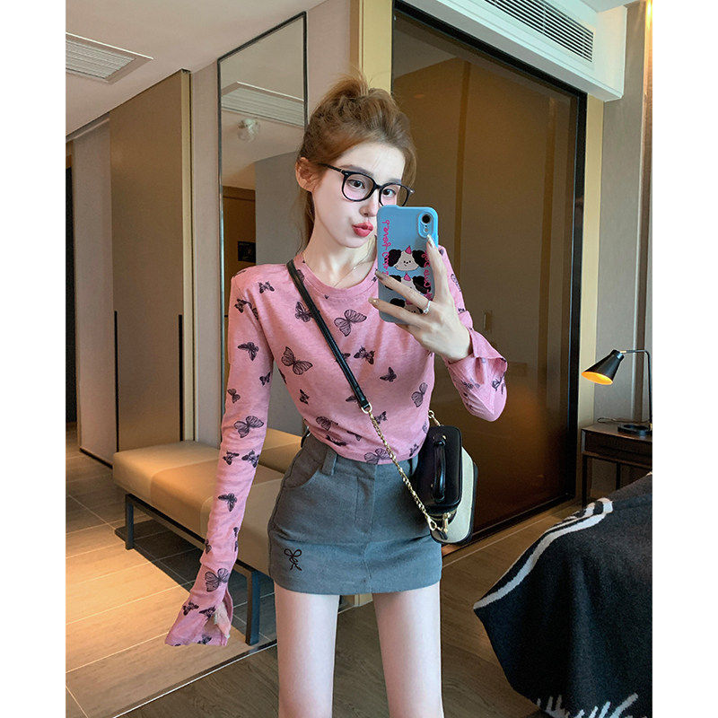 蝴蝶正肩长袖t恤女夏季薄款2026新款港味复古修身打底衫上衣春秋