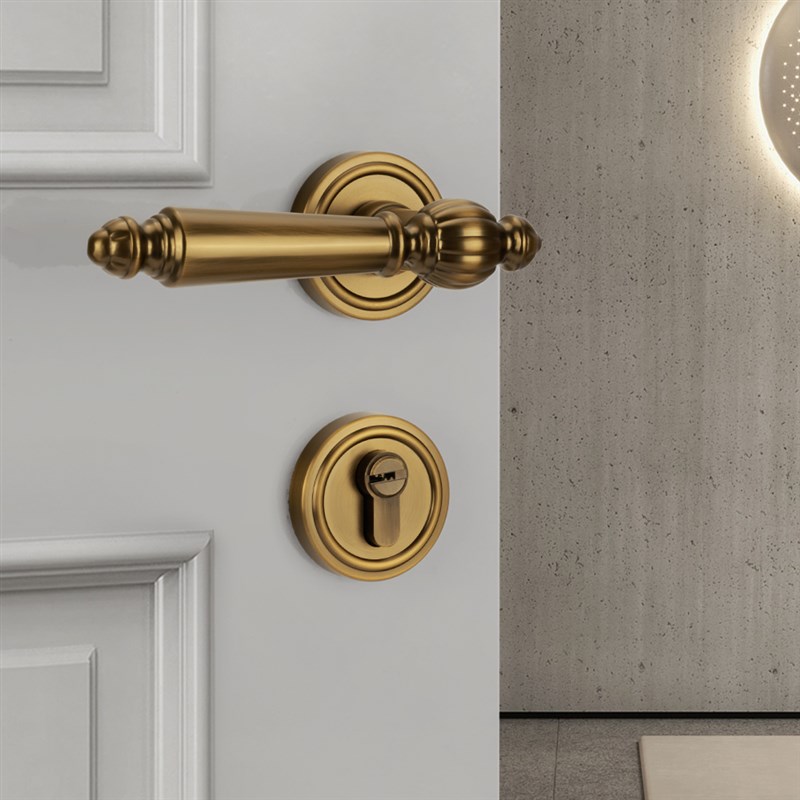 室内法式简欧黄古铜把手木门锁静音磁吸分体锁简约卧室室内房门锁