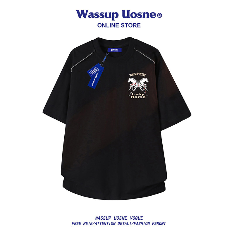 WASSUP UOSNE美式潮牌重磅纯棉短袖t恤男女2026新款夏季情侣上衣