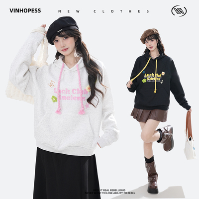 爆款甜美奶乖软妹风上衣撞色字母刺绣小花朵高质量连帽卫衣女冬款