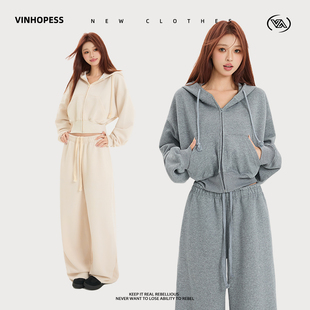 拉链连帽卫衣套装 字母刺绣短款 TW3090 威宏丝美式 VINHOPESS