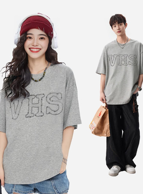 夏季新款300克纯棉复古风创意磨破刺绣情侣短袖T恤K3115