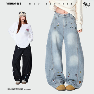 女2025新款 潮流情侣牛仔裤 冬季 子时尚 刺绣百搭宽松休闲裤 阔腿裤