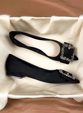 黑色水钻职业工作平底软底单鞋女2025新款春秋季气质绒面尖头浅口