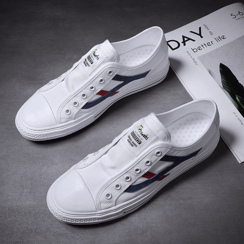 无鞋带男鞋夏款透气帆布板鞋一脚蹬懒人休闲布鞋薄款男士小白鞋子