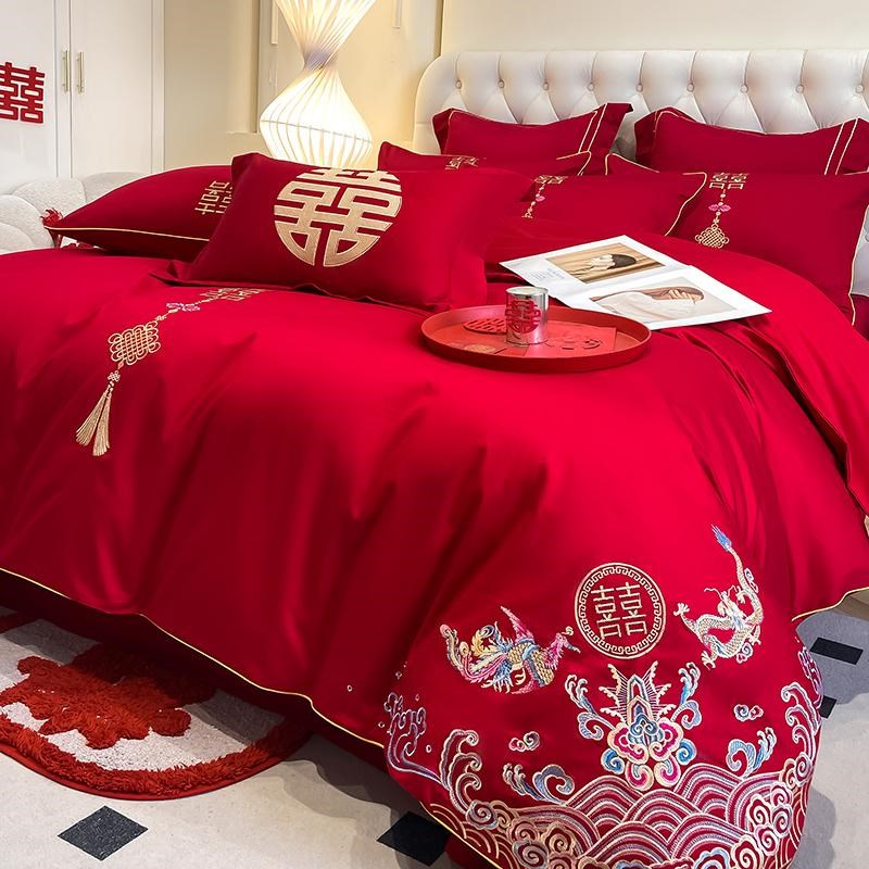 中式100支结婚四件套红色婚庆被套婚房喜被床单纯棉陪嫁床上用品4
