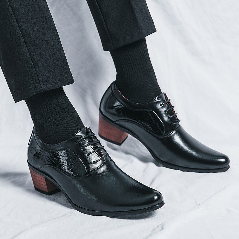 亮面韩版黑色男鞋结婚鞋时尚尖头高跟系带鞋透气休闲潮流男士皮鞋