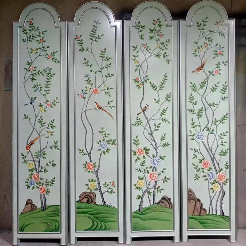 新中式手绘花鸟折屏酒店客厅背景墙装饰定制屏风客厅隔断美式漆画