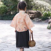 民国装 中国风儿童新中式 民族服饰苧麻小衫 伞裙套装 女孩 斜襟倒大袖