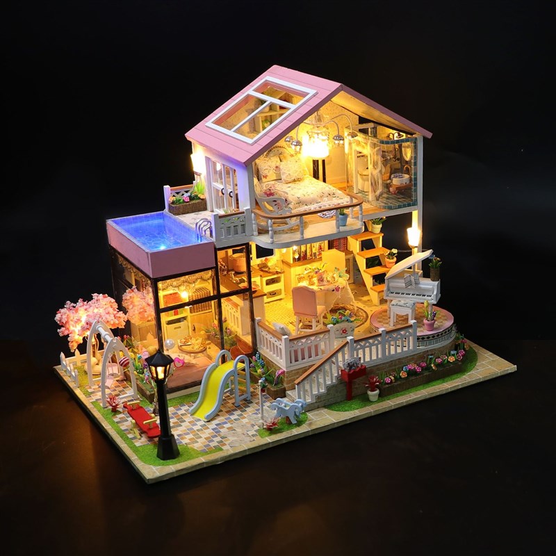 甜言蜜语手工木质小屋阁楼别墅模型滑滑梯木制diy小房子女孩礼物