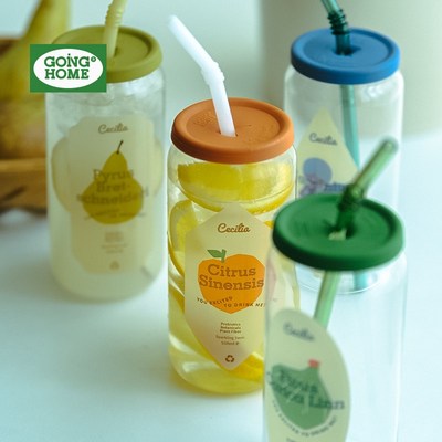 吸管杯女高颜值喝水饮料杯家用耐高温水杯ins风带盖易拉罐玻璃杯