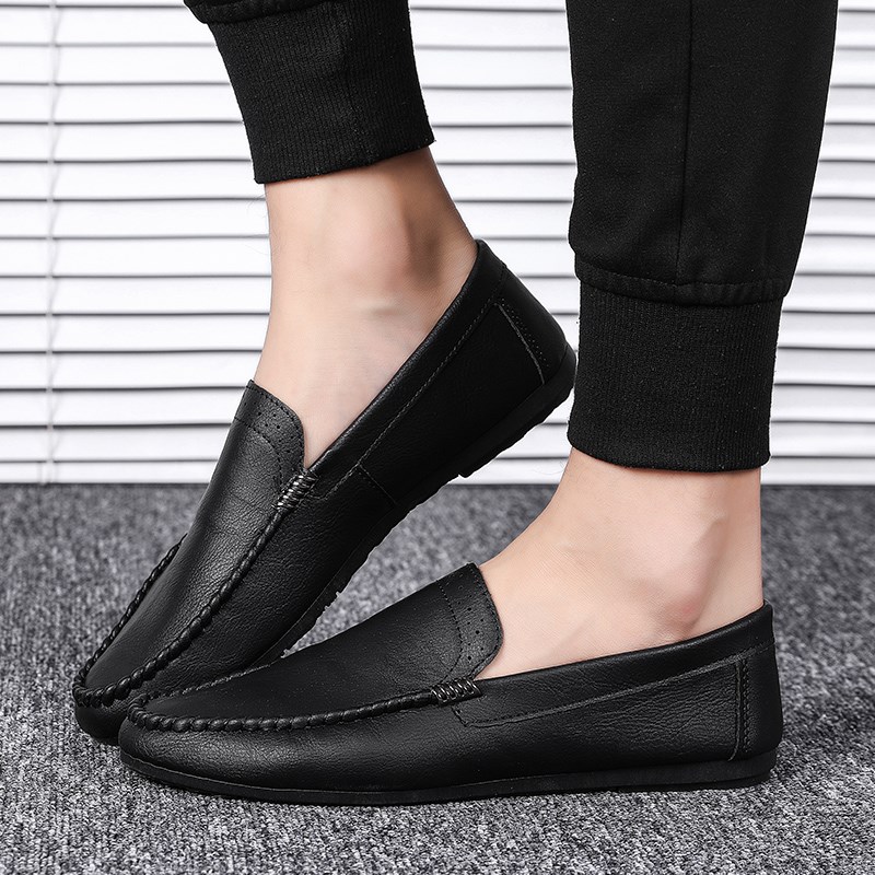 春季男士皮鞋豆豆鞋懒人百搭休闲鞋上班黑色痘痘软底无鞋带男鞋子