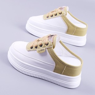 2024秋新款松糕厚底半拖女鞋超纤皮面一脚蹬女单鞋内增高小白鞋女