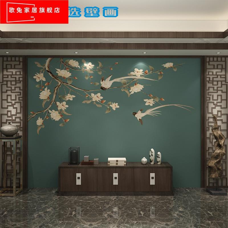 新款玉新中式3兰花壁布电视背景墙客厅卧室沙发蓝色花鸟壁纸墙衣