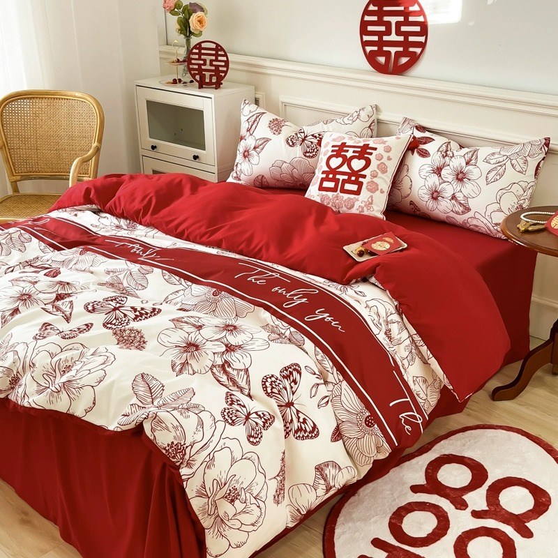 全棉简约印花结婚四件套红色陪嫁床单被套新婚庆床上用品婚房