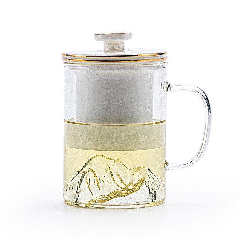 观山玻璃水杯陶瓷内胆茶水分离透明花茶玻璃泡茶杯 带盖把过滤