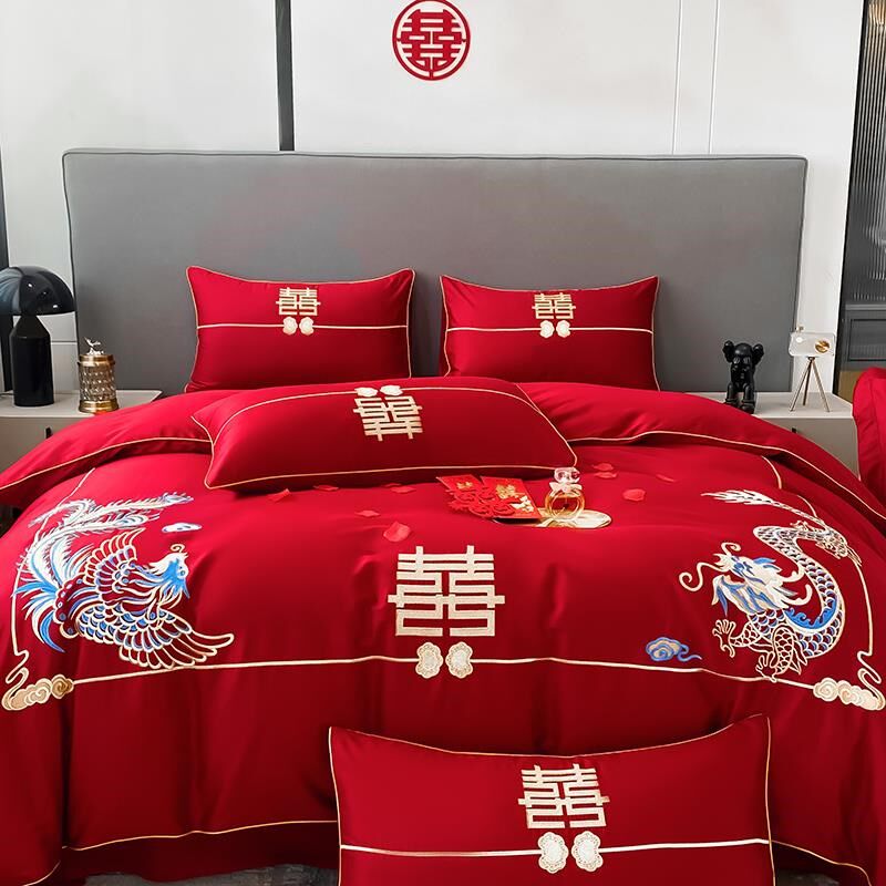 高档中式刺绣全棉婚庆四件套大红色床单被套纯棉陪嫁结婚床上用品