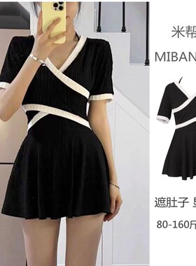 新款泳衣女大码胖mmq游泳馆连体裙式黑色保守遮肚显瘦温泉学生泳