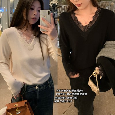 NAZ那子大码秋冬新款气质显瘦蕾丝花边拼接胖mm抓毛洋气打底衫女