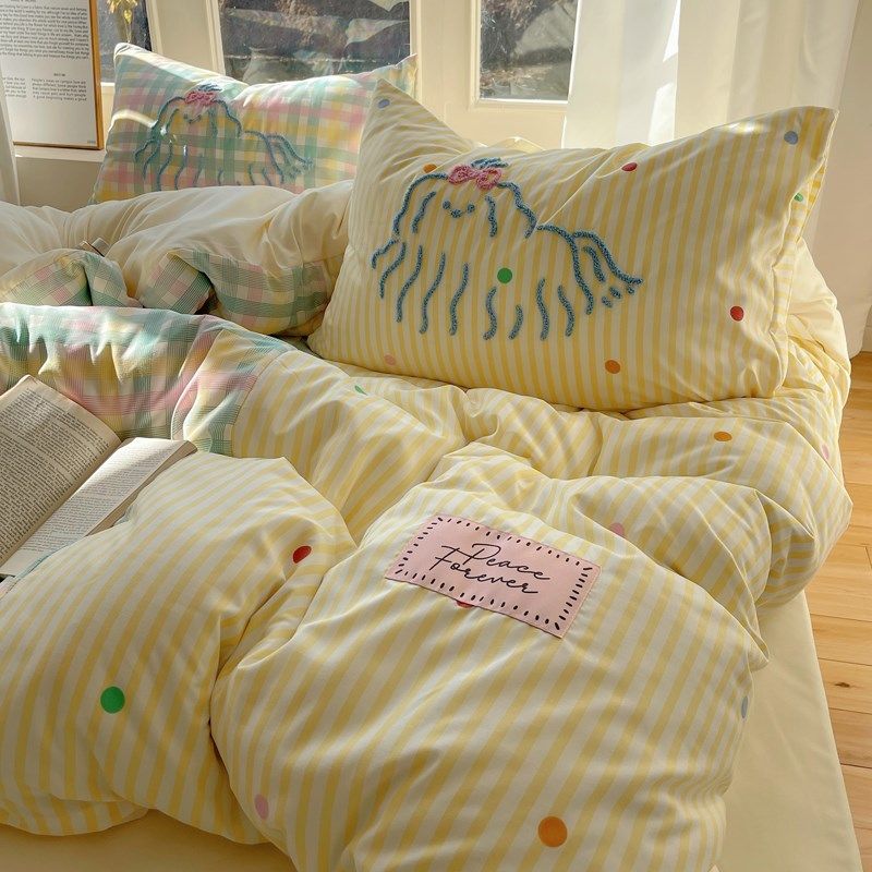 ins水洗棉四件套可爱卡通毛巾绣床上用品波点儿童被套床单三件套4,床上用品,床品套件/四件套/多件套,淘宝优惠券,粉丝福利购,淘宝优惠卷