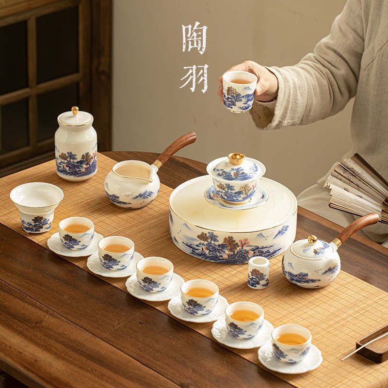 羊脂玉瓷锦绣山河功夫茶具套装家用高档办公室盖碗茶盘茶杯礼盒装