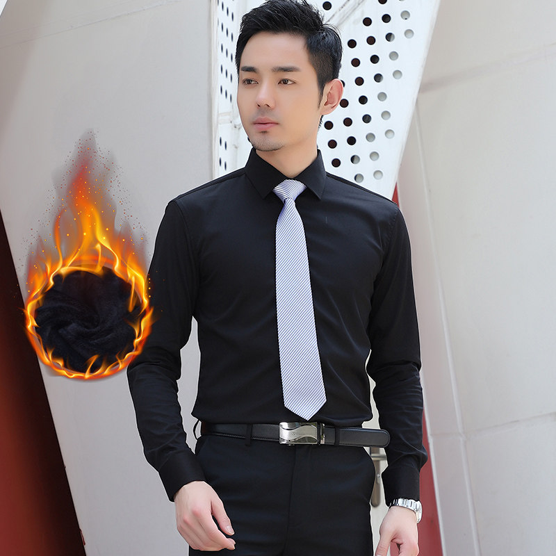 加绒保暖冬季男士衬衫加厚男商务上班职业长袖白衬衣印字刺绣图案