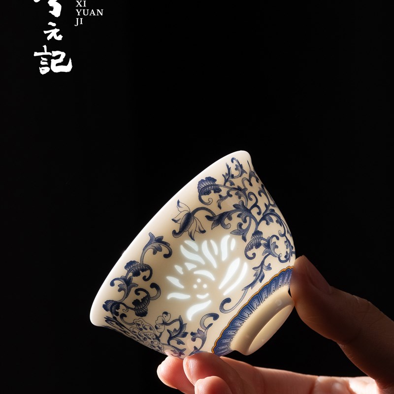 青花玉瓷玲珑陶瓷茶杯主人杯单杯女士个人M专用精致高档单个品茗