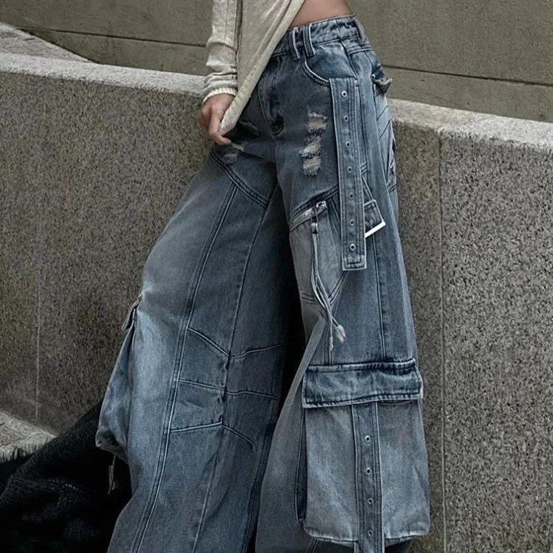 大码美式高街重工水洗多口袋工装裤女新款辣妹解构设计感拖地长裤,女装/女士精品,大码裤装,淘宝优惠券,粉丝福利购,淘宝优惠卷