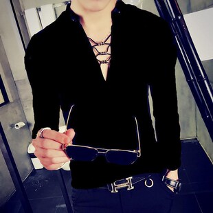 社会青年Tc桖小伙贴身长袖小衫潮男英伦韩版风长袖血大深v领体