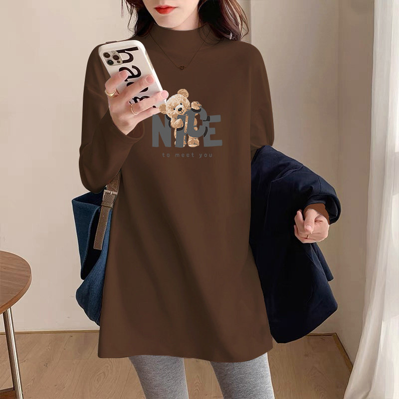 半高领打底衫女秋冬款叠穿咖色磨毛加厚内搭长袖遮屁股中长款t恤