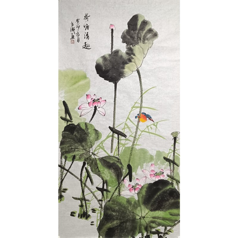 纯手绘国画荷花翠鸟四z尺竖幅荷塘清趣玄关挂画