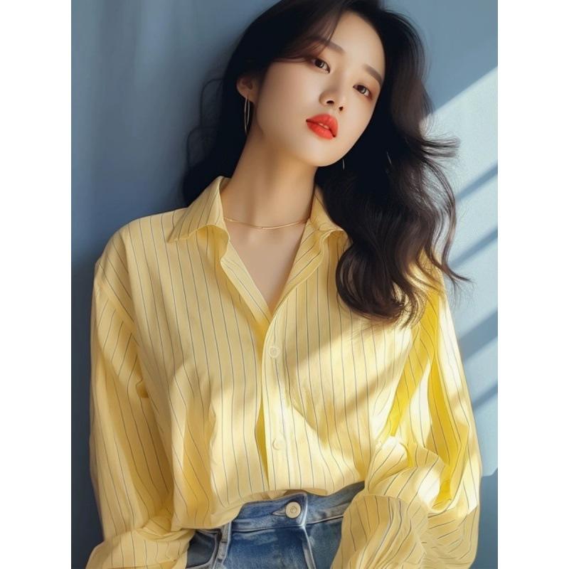 韩系黄色条纹衬衫女春夏季新款时