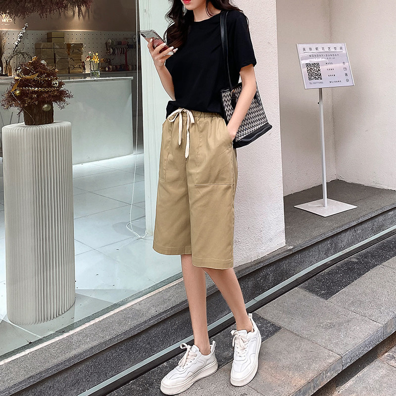 女式休闲五分裤夏薄款宽松直筒 松紧腰大码200斤百搭阔腿运动中裤