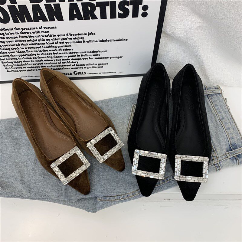 平底尖头黑色绒面单鞋女鞋子2024年新款春秋季浅口水钻气质工作鞋