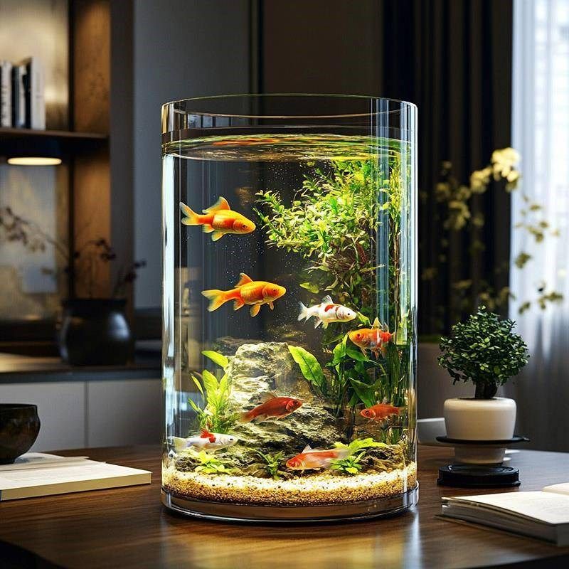 塑料鱼缸桌面h客厅小型透明防摔亚克力圆形圆柱形高透超白彷玻璃