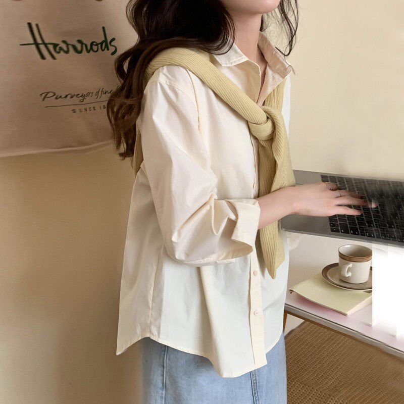 奶杏色衬衫ins少女早秋温柔风春秋薄款防晒衫气质polo领米色衬衣